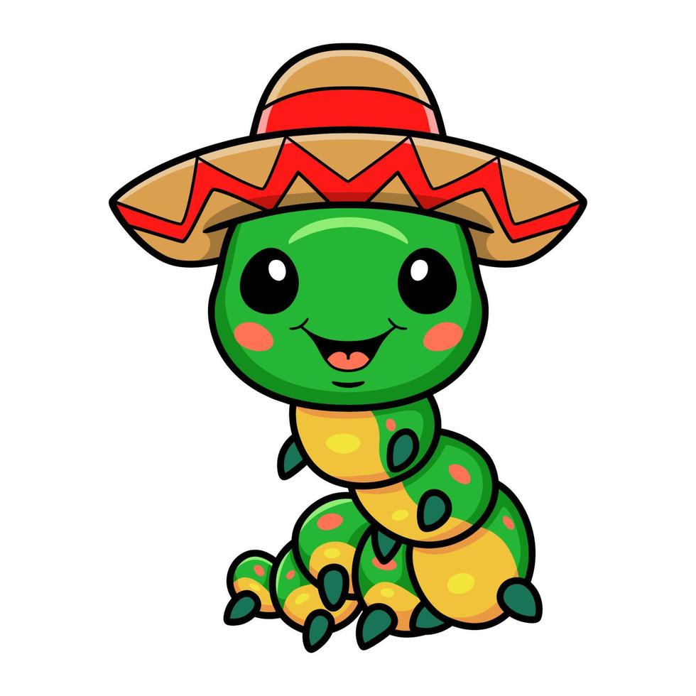 Cute little caterpillar cartoon wearing a mexican sombrero hat vector