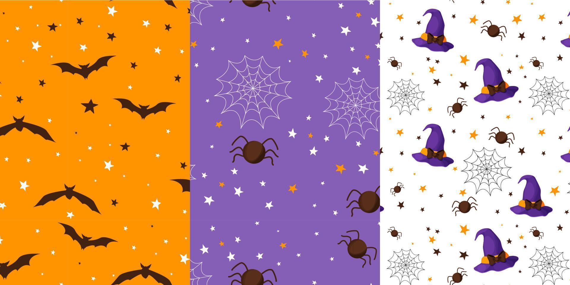 establecer lindos patrones sin fisuras de halloween con sombrero de murciélago, araña y bruja en estilo de dibujos animados simple, diseño de niños de vacaciones. . ilustración vectorial vector