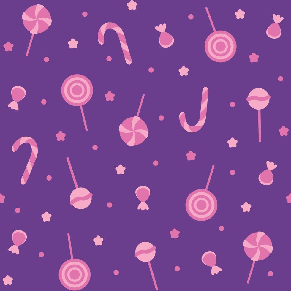 patrón transparente brillante con dulces rosas, caramelos, piruletas sobre un fondo violeta. linda impresión vectorial para la fiesta de cumpleaños vector