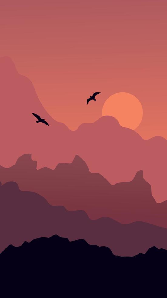 Nature vector background, landscape with mountains, sun and seagulls. Panorama of mountains on sunset or sunrise. Wallpapers for stories