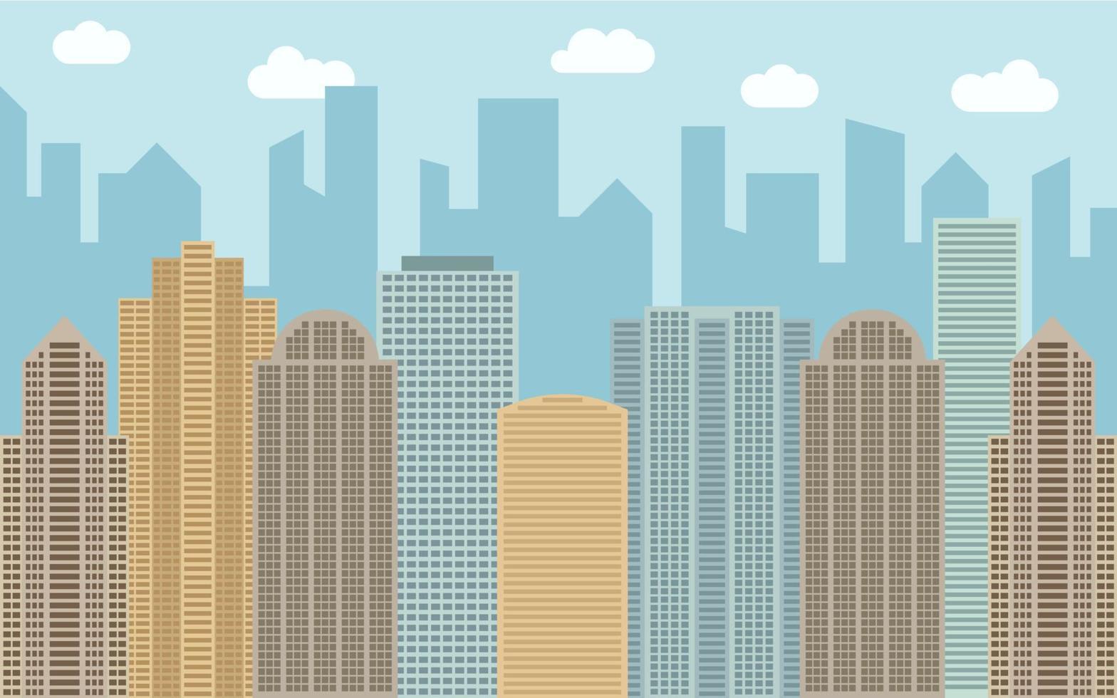 Vector urban landscape illustration. Street view with cityscape, skyscrapers and modern buildings at sunny day. City space in flat style background concept.