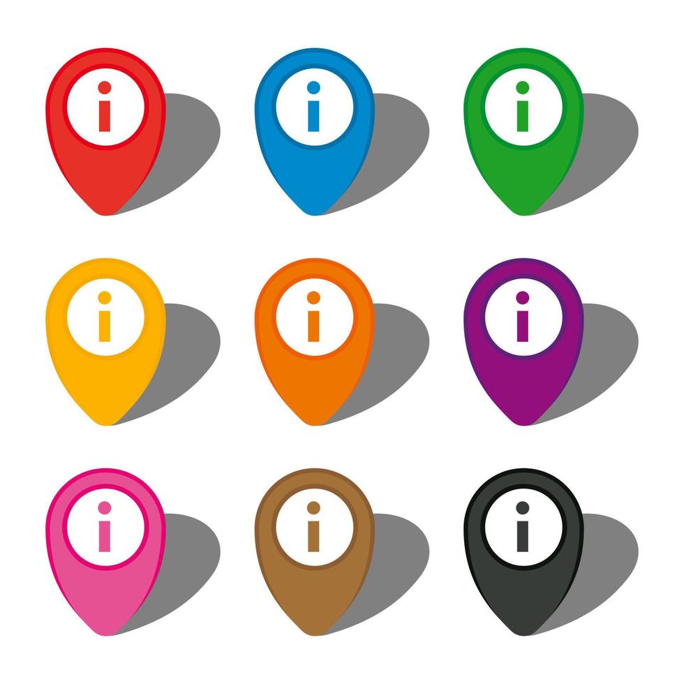 conjunto de nueve punteros de mapa coloridos con icono de información en círculo blanco y con sombra. ilustración vectorial vector