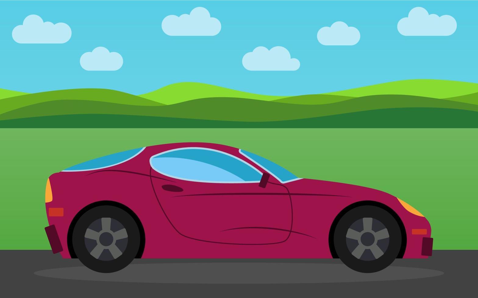 Dark pink sports car in the background of nature landscape in the daytime. Vector illustration.