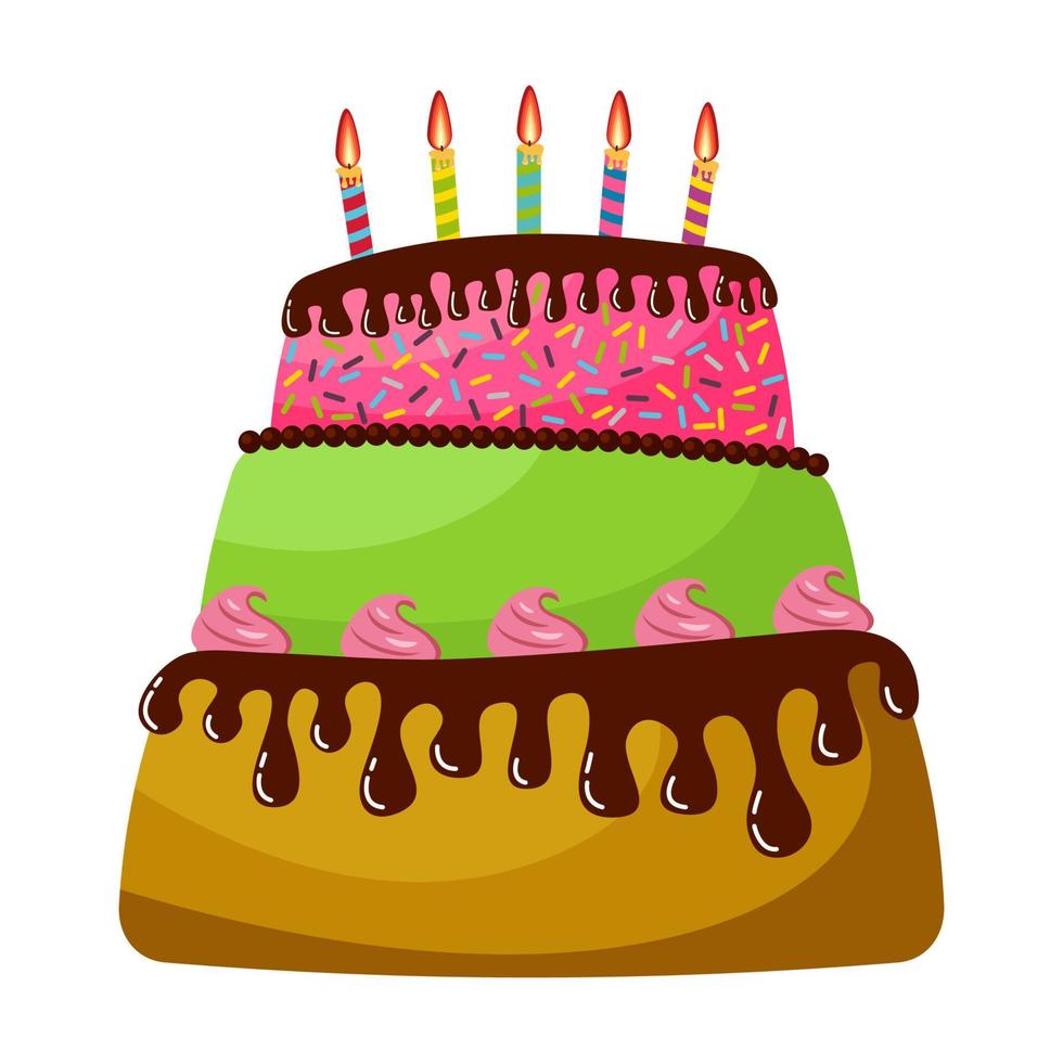Sweet birthday cake with five burning candles. Colorful holiday dessert. Vector celebration background.