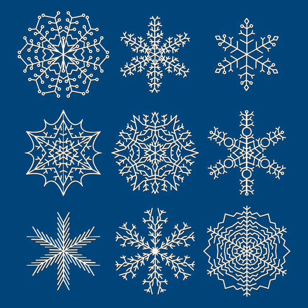 Set of nine snowflakes. Christmas and New Year decoration elements. Vector illustration.