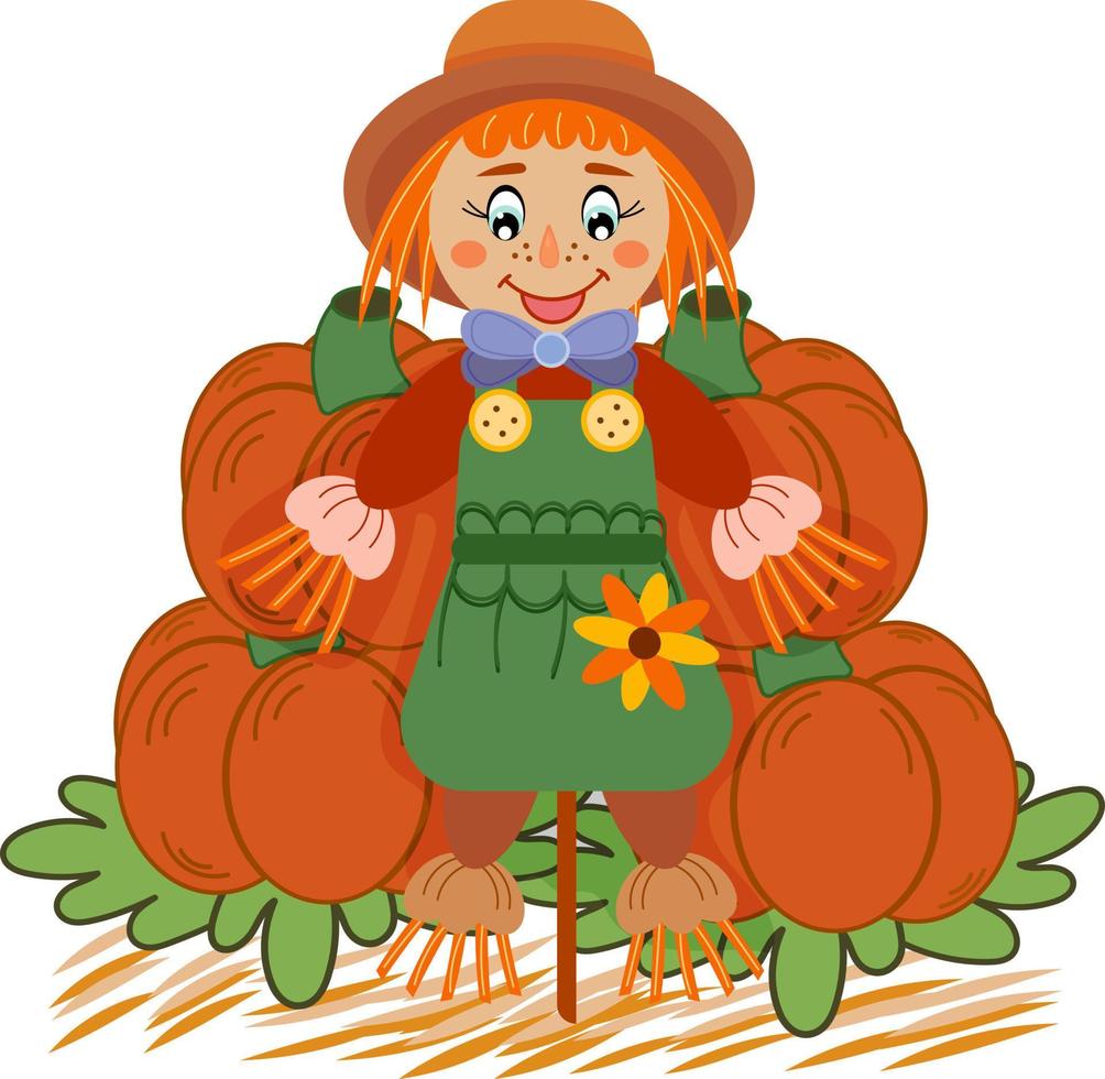 Cute scarecrow stuffed girl. Background of pumpkins and straw. Vector flat illustration.