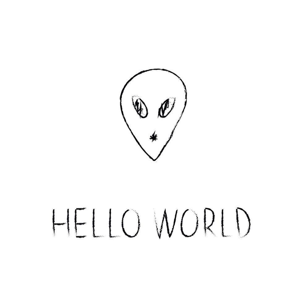 Doodle cosmos illustration in childish style. Hand drawn space card with lettering hello world, alien. Black and white. vector
