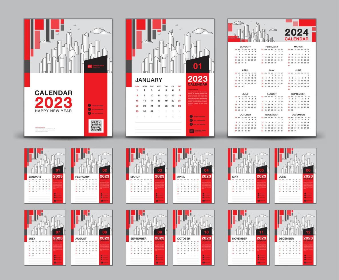 conjunto de diseño de calendario 2023-2024 y plantilla de calendario de tapa roja 2023, semana comienza el domingo, calendario de pared año 2023, diseño de calendario de escritorio, planificador, impresión, afiche, publicidad, vector eps10