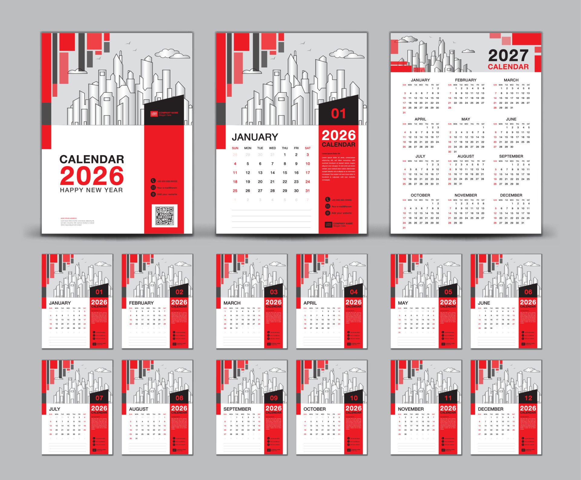Calendar 2026-2027 design set and red cover calendar 2027 template