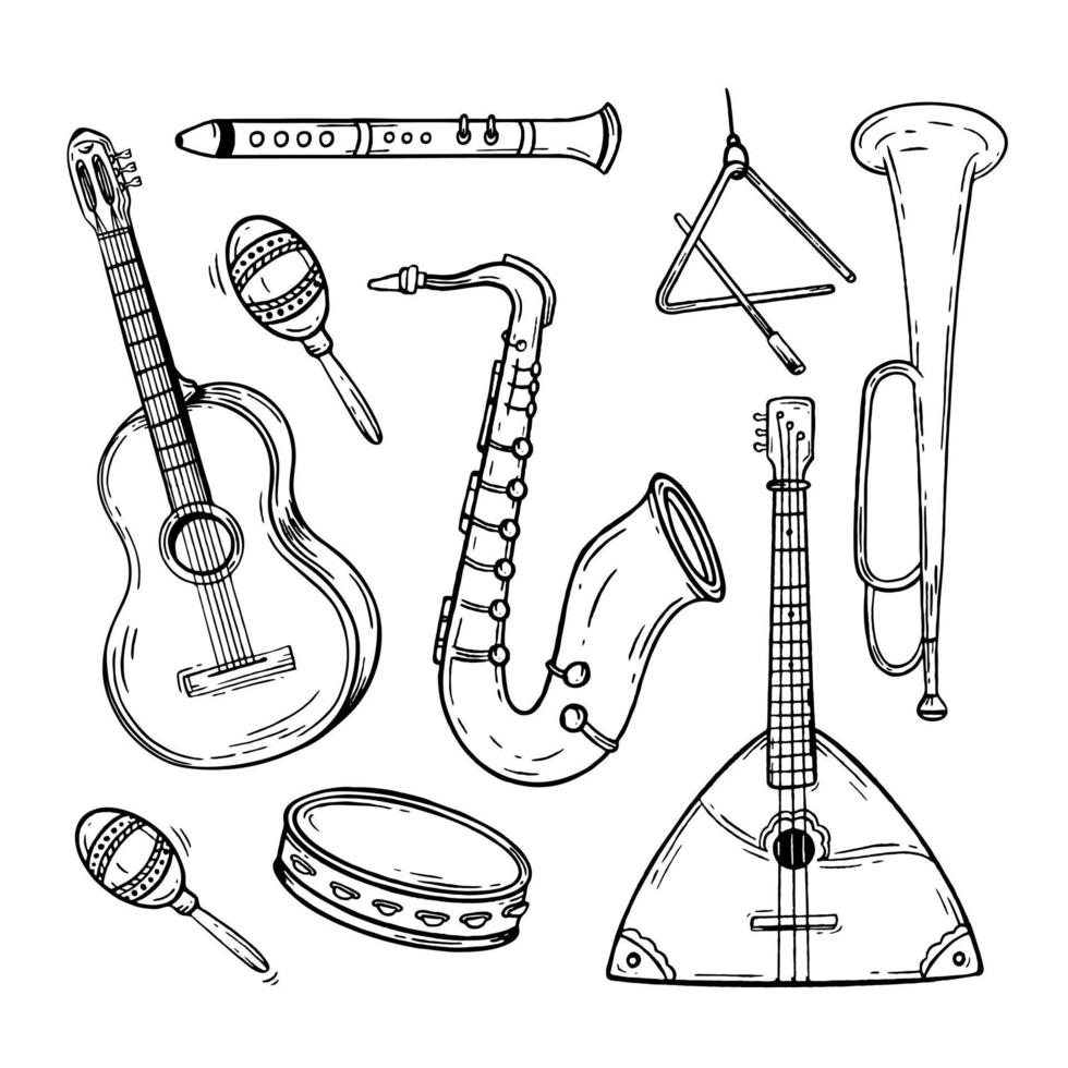 Set musical instruments hand drawn style. Vector black and white doodle illustration