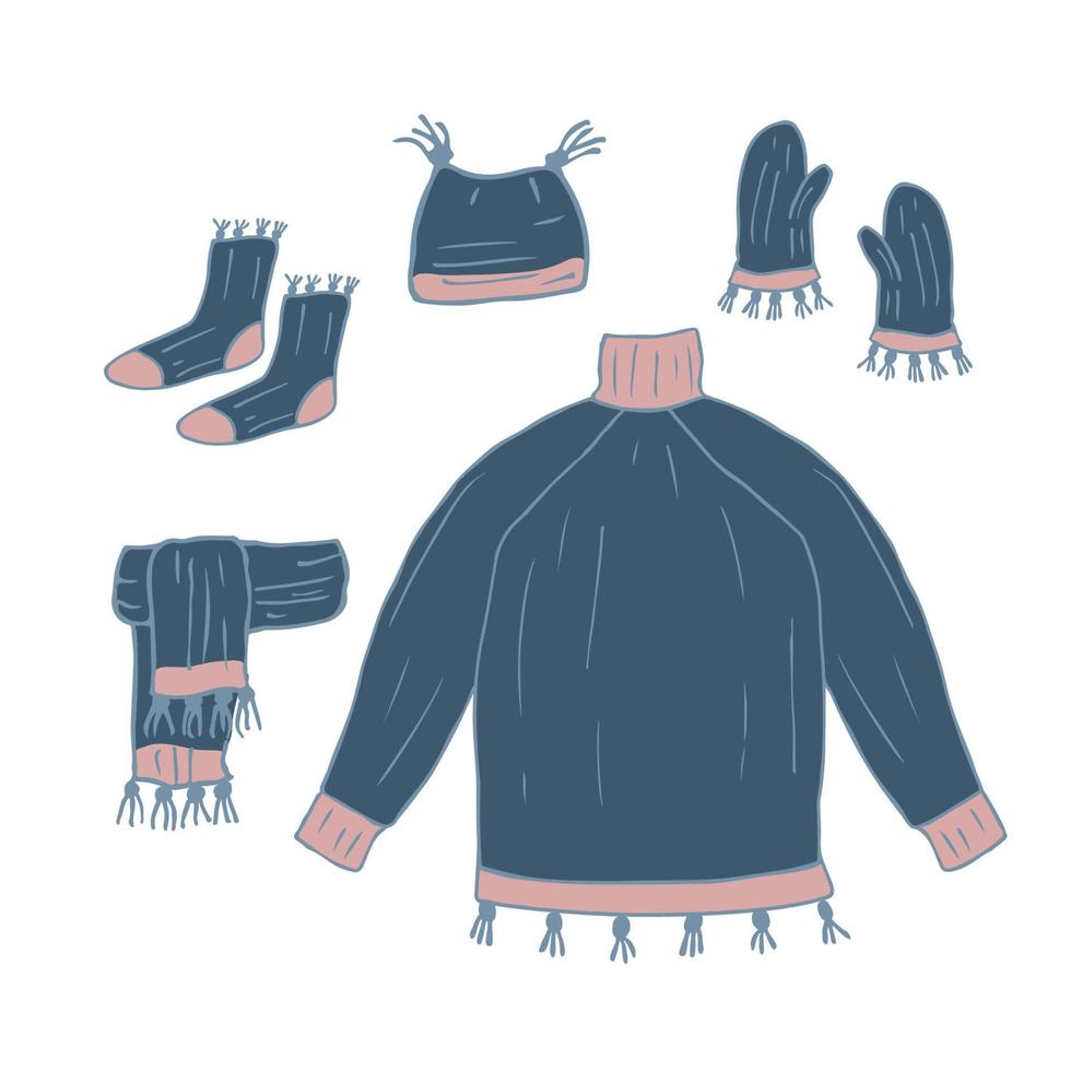 Warm winter clothes, warm hat with pompon winter doodles isolated drawn by line. Doodle vector illustration