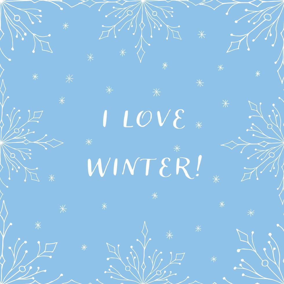 Hello Winter handlettering inscription on a blue background. Winter logos and emblems for invitation, greeting card, t-shirt, prints, posters. Hand drawn winter inspiration phrase. Vector illustration