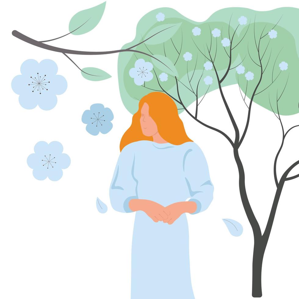 humor de primavera. la niña admira el florecimiento del manzano. ilustración de stock vectorial. mayo. vector