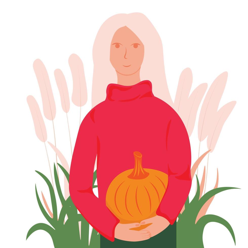 Autumn girl in a sweater. Vector stock illustration. Hello autumn, November. A walk in the park. Isolated on a white background.