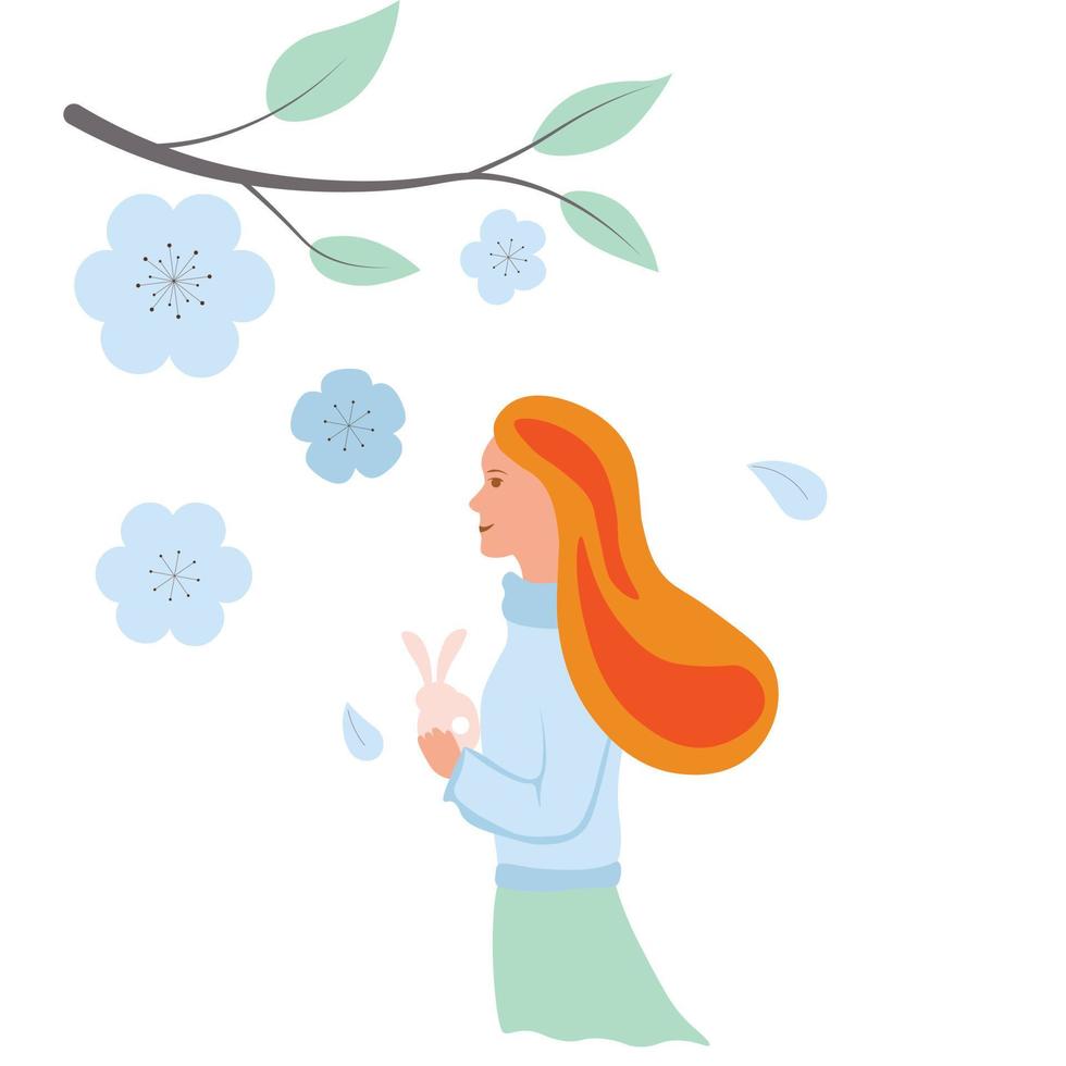 Spring mood. The girl admires the flowering of the apple tree. vector