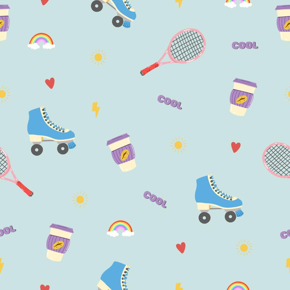 Collection of cute elements - roller skates, coffee to go, tennis racquet, heart, sun and rainbow. Seamless pattern with retro stickers. Background of 90s vector