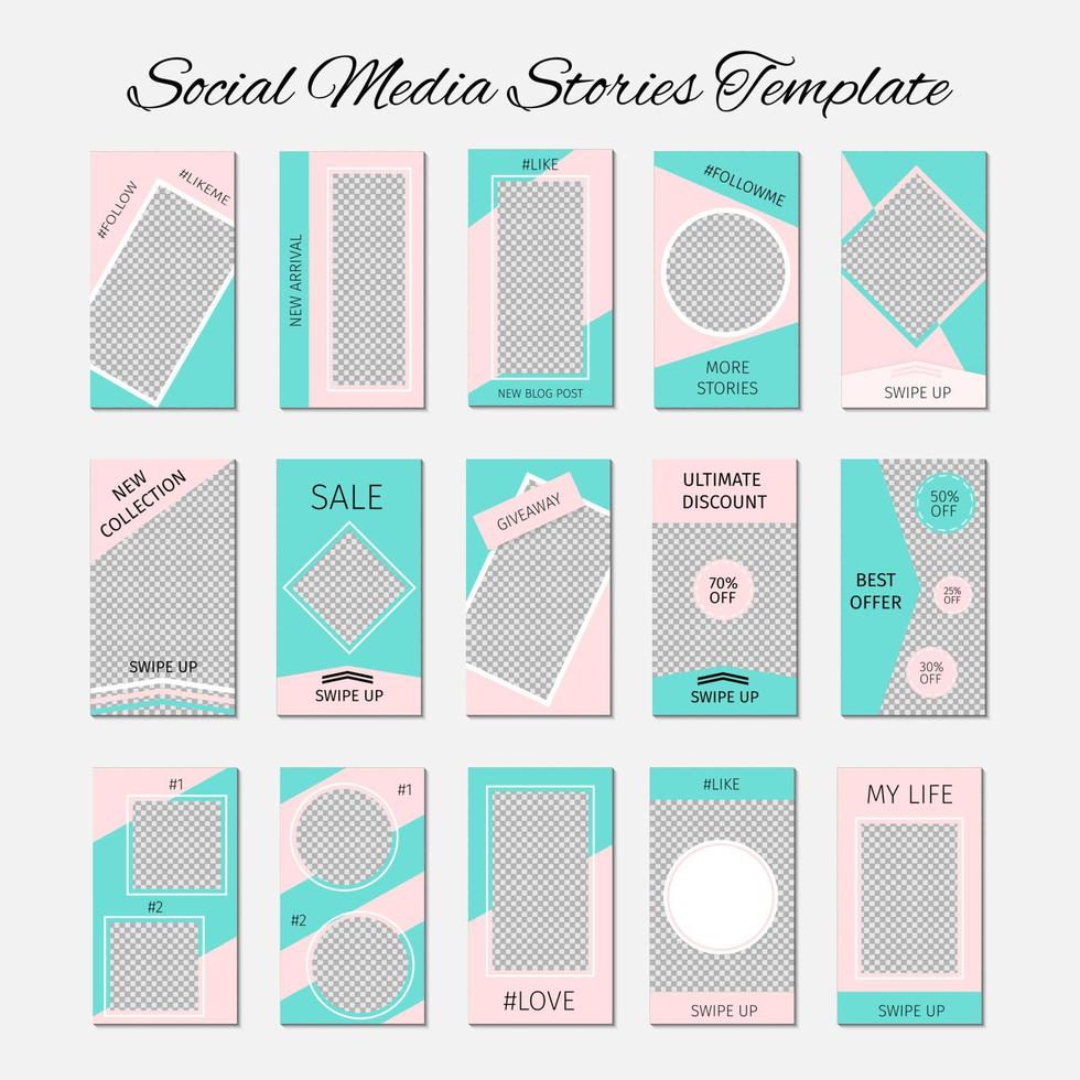 Social media stories template. Set of 15 story layout for bloggers and SMM. Mint green and pink pastel color palette. Editable web banners for mobile application. vector