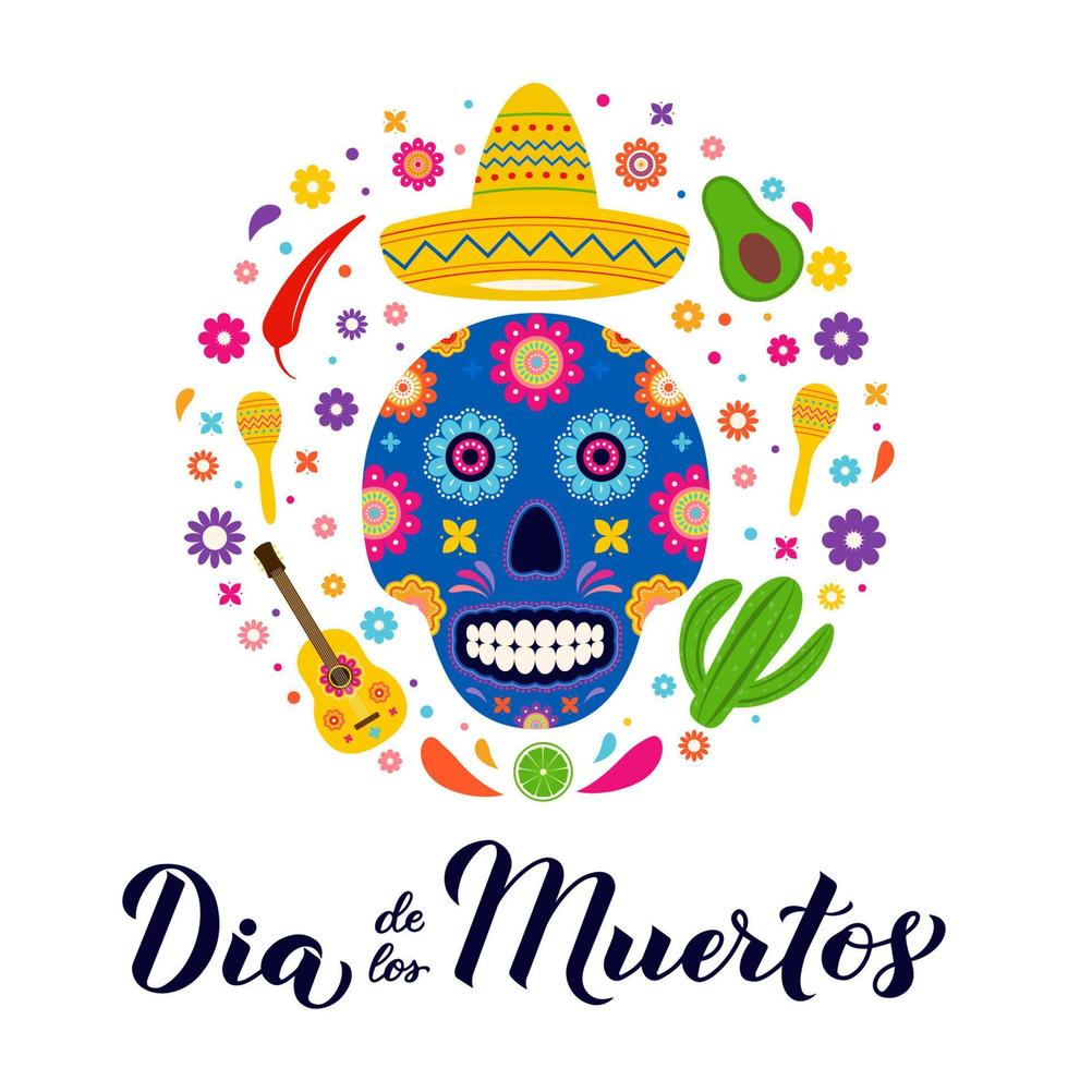 letras de mano de caligrafía dia de los muertos con calavera de azúcar, maracas, guitarra y flores. fiesta de américa latina día de la pancarta muerta. plantilla vectorial para tarjeta de felicitación, pancarta, afiche, invitación vector