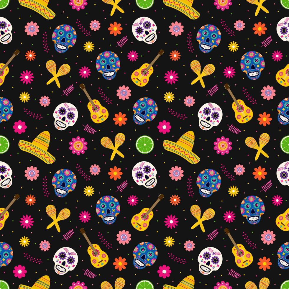 Dia de los Muertos seamless pattern of traditional Mexican symbols. Easy to edit vector template for greeting card, banner, poster, party invitation, fabric, textile, wrapping paper, etc