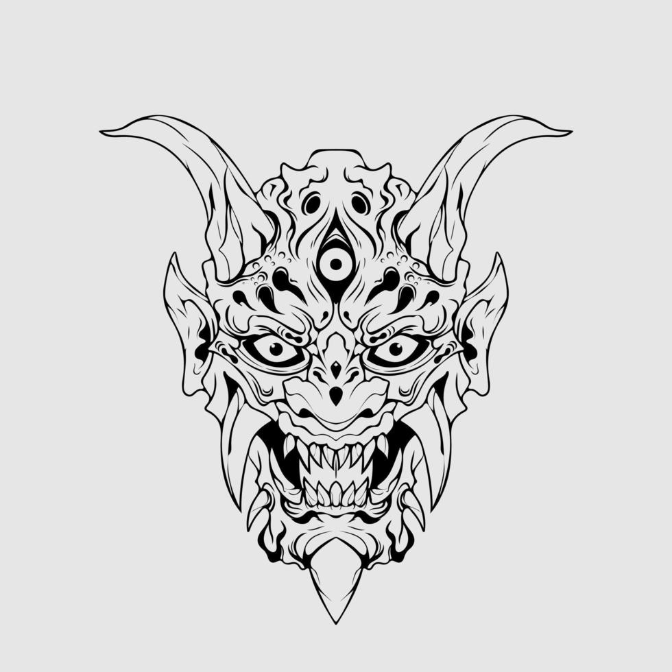 máscara de demonio de la cultura japonesa o máscara oni con estilo de dibujo a mano sobre fondo blanco. listo para imprimir ropa y tatuajes vector