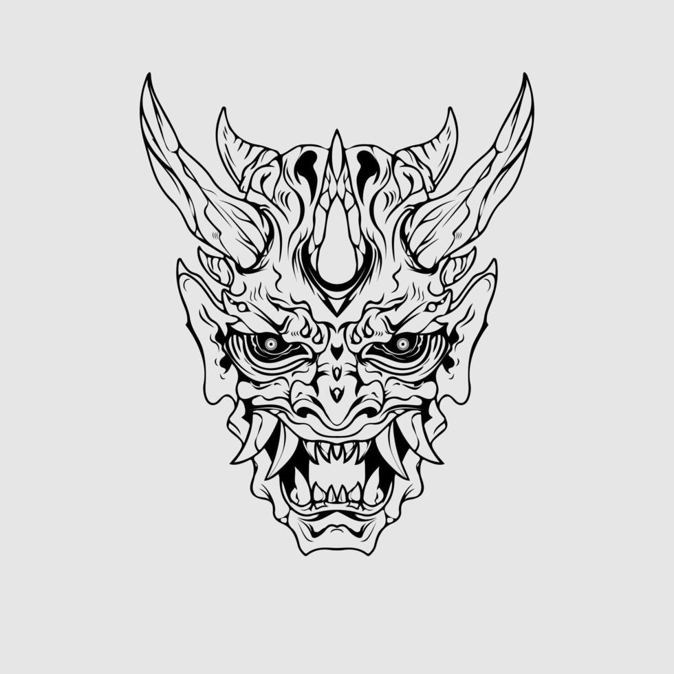 máscara de demonio de la cultura japonesa o máscara oni con estilo de dibujo a mano sobre fondo blanco. listo para imprimir ropa y tatuajes vector