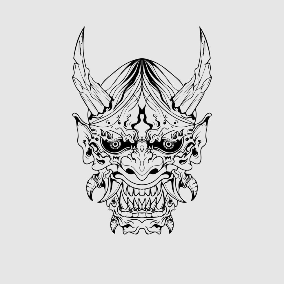máscara de demonio de la cultura japonesa o máscara oni con estilo de dibujo a mano sobre fondo blanco. listo para imprimir ropa y tatuajes vector