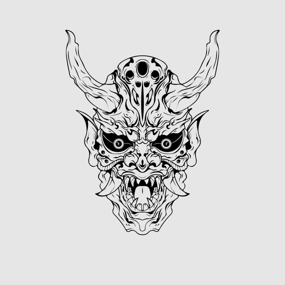 máscara de demonio de la cultura japonesa o máscara oni con estilo de dibujo a mano sobre fondo blanco. listo para imprimir ropa y tatuajes vector