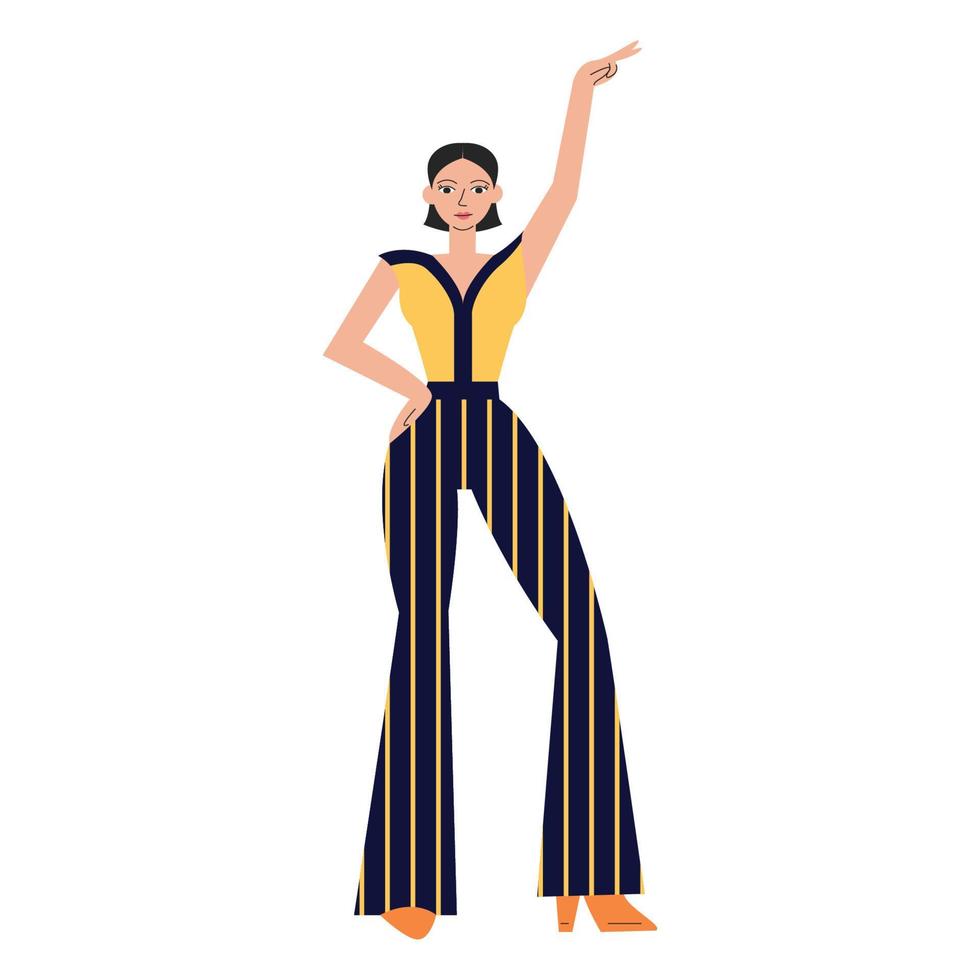 Young beautiful woman disco dancer concept design. Female twist performer in standing pose. Cool glamour adult girl in 1970s style clothes. Funky character flat vector illustration isolated on white