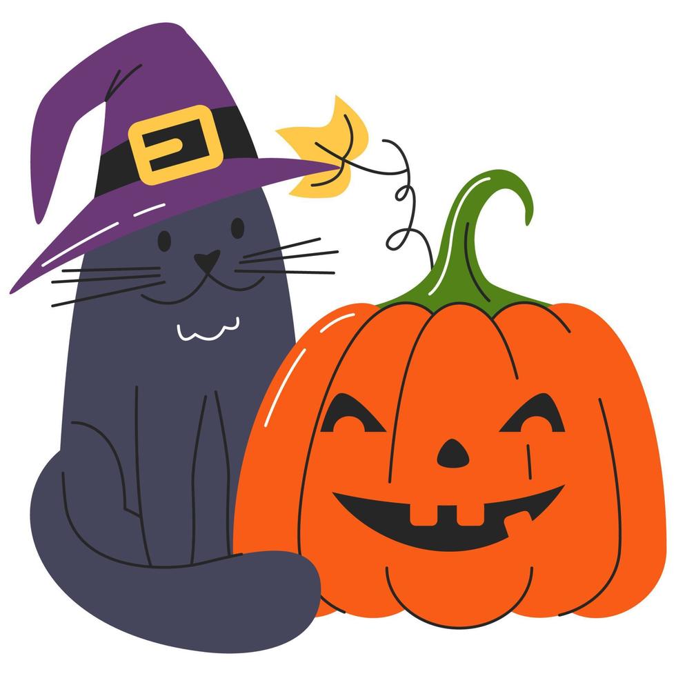 gato de bruja de halloween con jack linterna aislado en blanco. diseño de impresión de personajes lindos. gatito negro con sombrero con calabaza tallada con cara sonriente malvada. ilustración de vector plano dibujado a mano de vacaciones