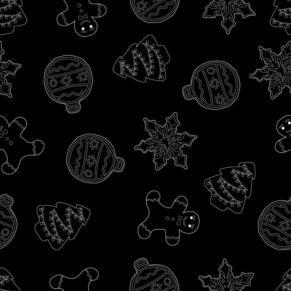 Christmas seamless pattern. Contour images on a black background. Ginger Cookie Pattern vector