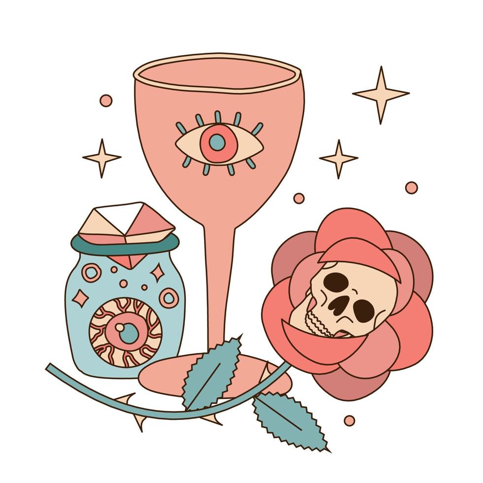 Rose skull with sacred mystical goblet and potion with human eye in a jar. 70s retro boho concept isolated linear vector illustration. Old School