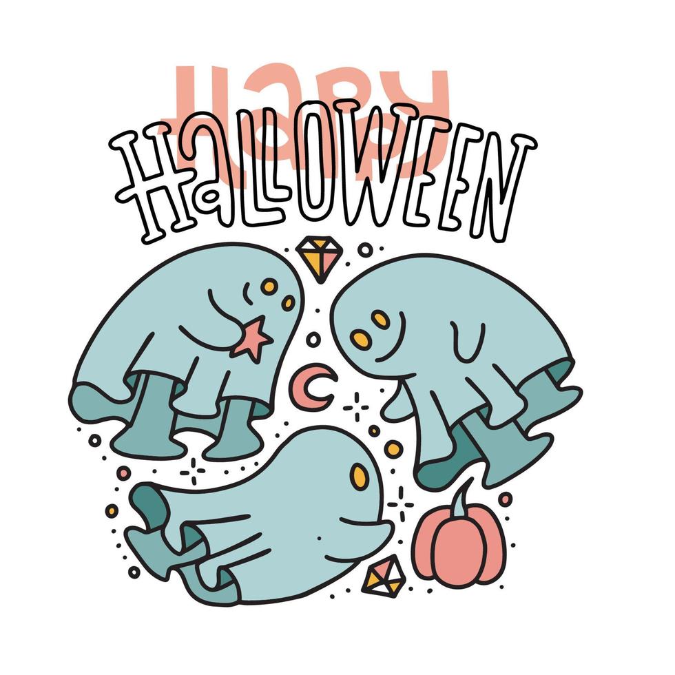 Cute halloween ghosts friends with face expressions conceived dirty trick. Hand drawn magic characters for kids. Lettering text greeting card. Doodle friendly creatures for poster, invitation. Vector