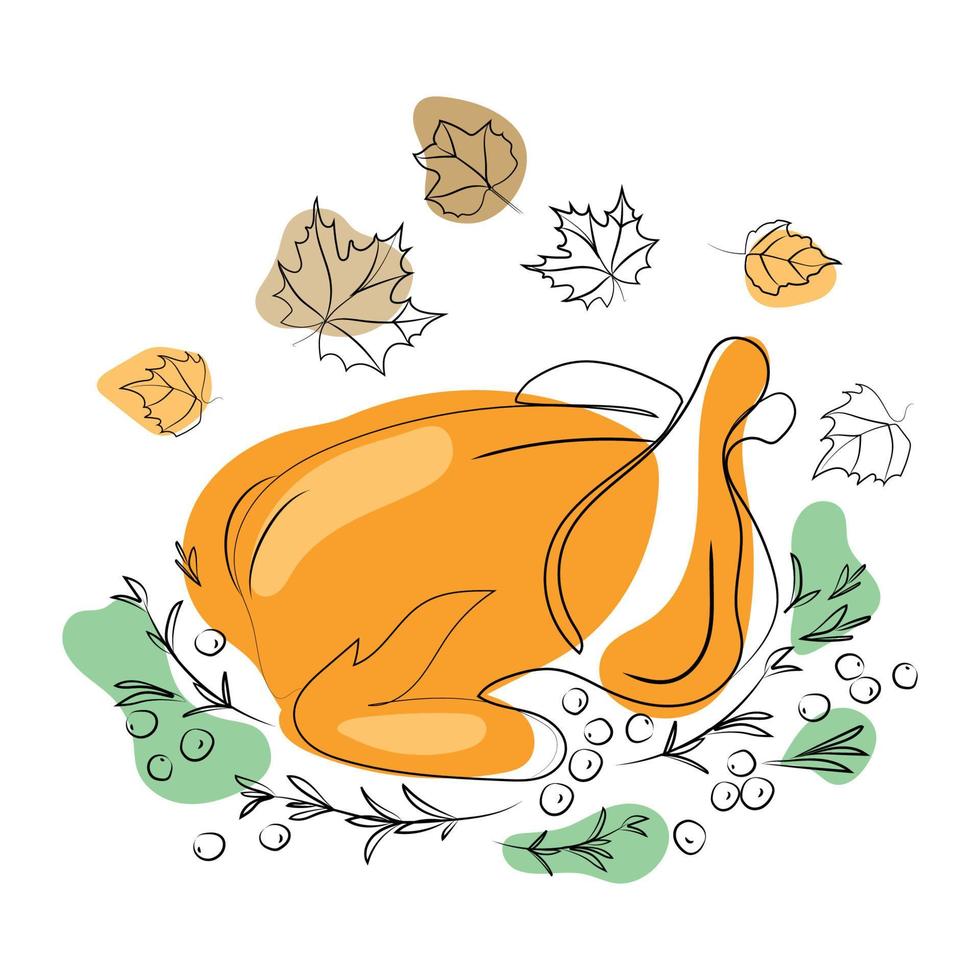 Baked turkey for Thanksgiving Day liner drawing vector illustration.Traditional food.Thanksgiving Turkey or Fried chicken with berries rosemary sprigs and autumn leaves Minimal art drawing.