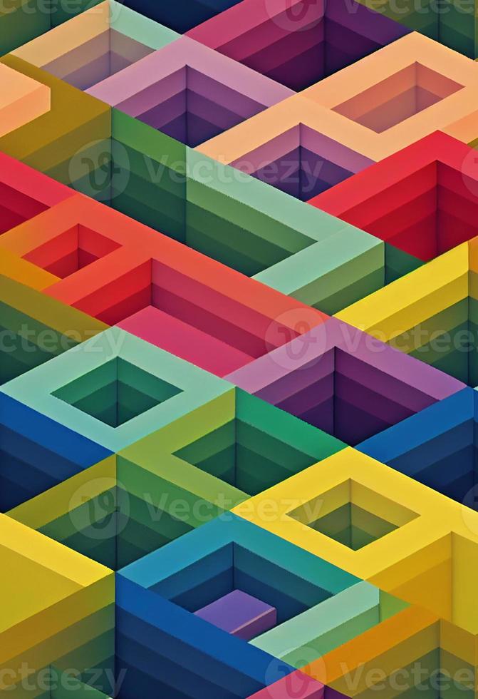 seamless pattern, 3d illustration, isometric cubes, city, village, rainbow photo