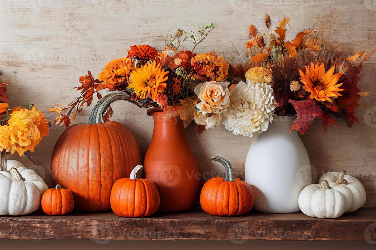 Autumn decor on a wooden shelf against a white wall banner background. flowers of fall colors, pumpkins. 3d illustration. photo