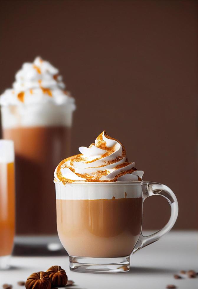 3d illustration pumpkin spice latte in glass cup with whipped cream photo