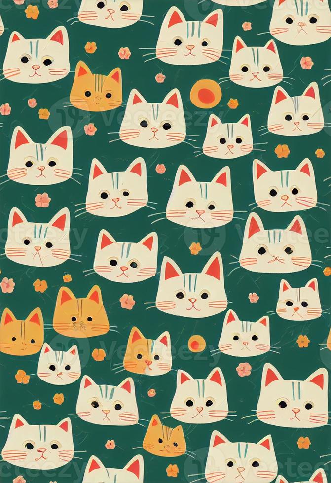 Seamless pattern of cute cat faces on dark green background photo