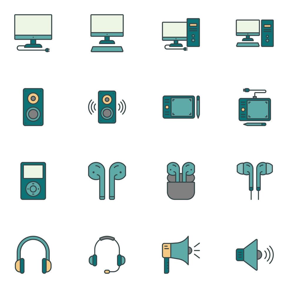 conjunto de iconos de línea llena de dispositivo electrónico vector