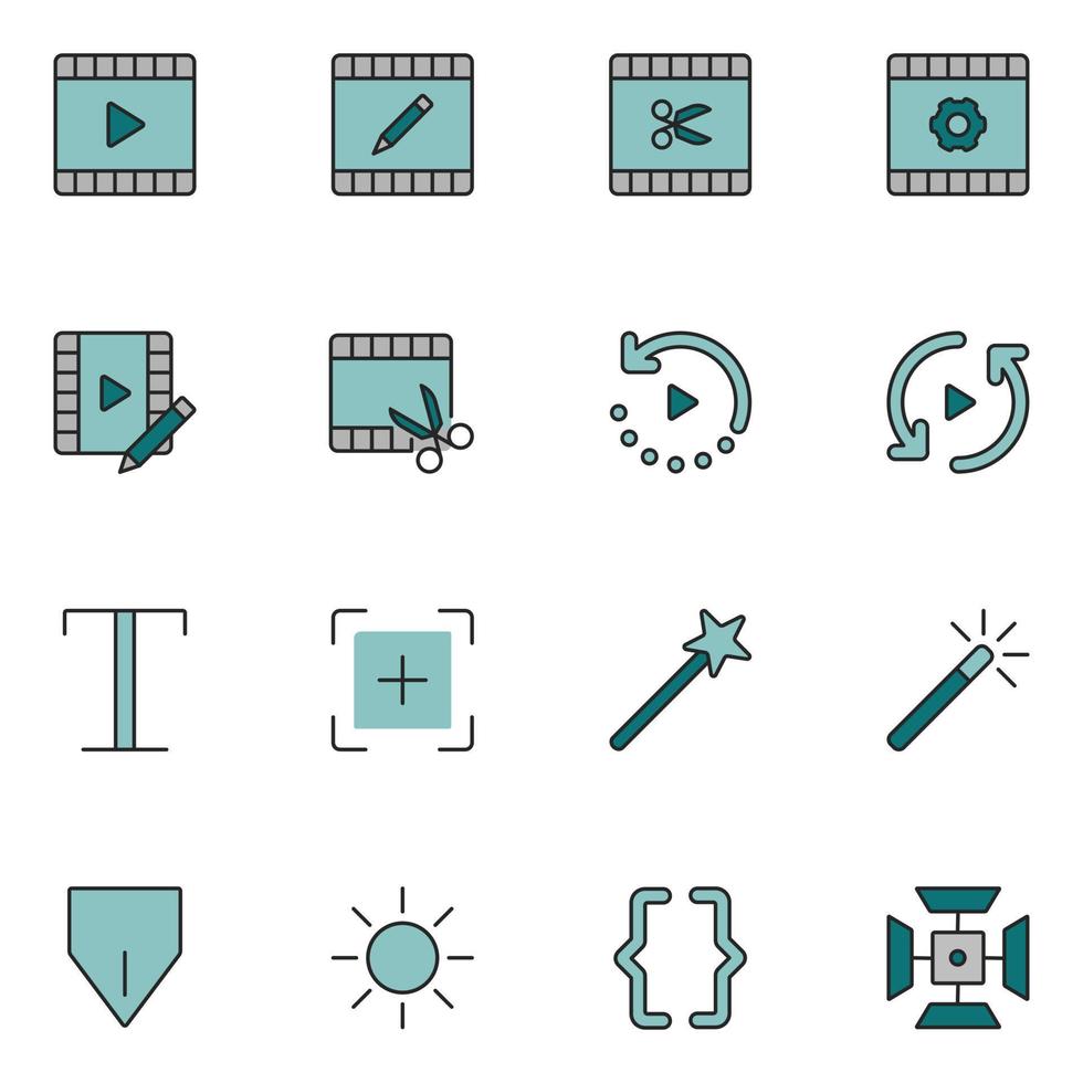 conjunto de iconos de línea llena de edición de video vector