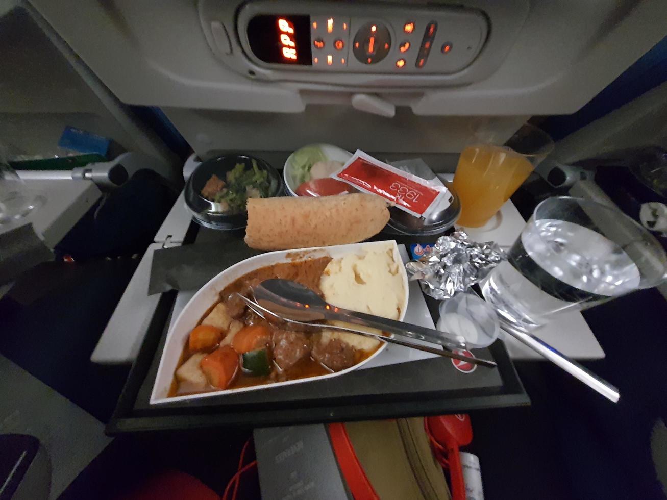 Istanbul, Turkey in July 2022. Flight meal of a Turkish Airlines plane. This food is halal food that can be consumed by Muslims. photo