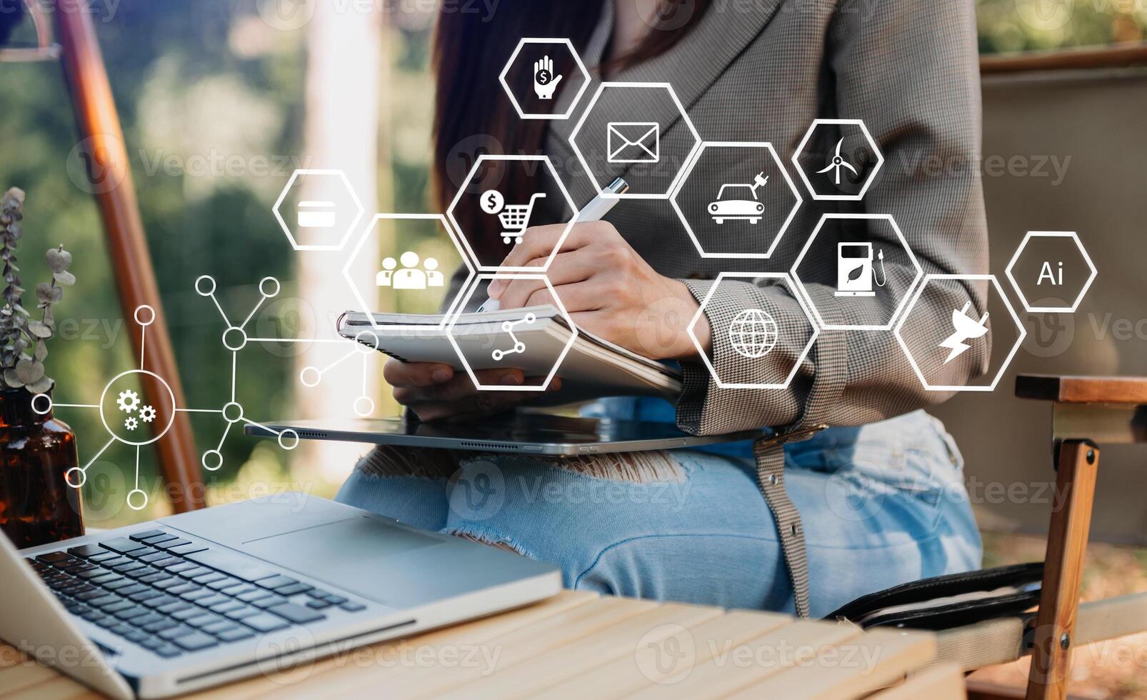 Businessman hand using laptop, tablet and smartphone  in office. Digital marketing media mobile app photo