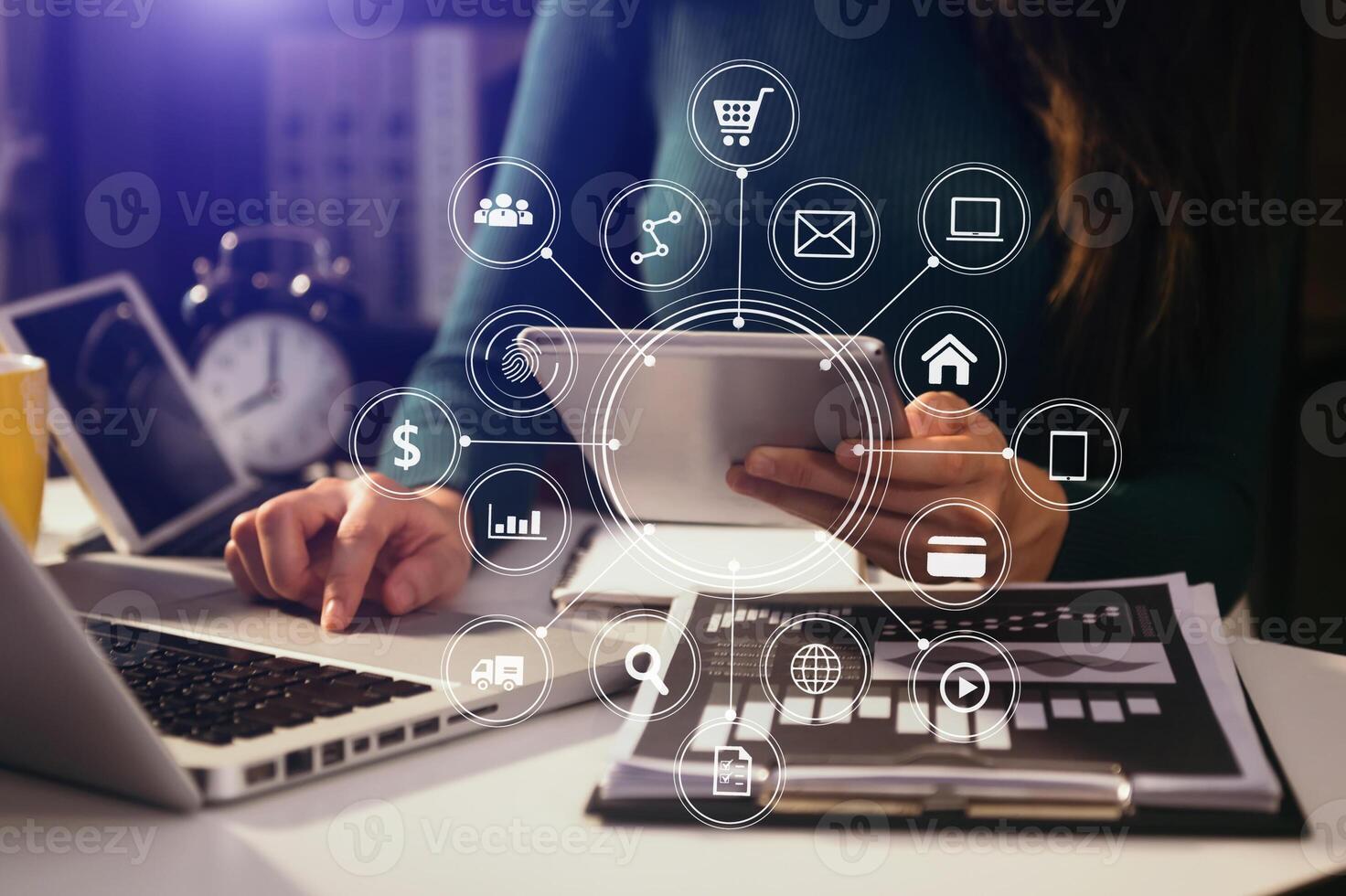 Businesswoman working with smart phone and laptop and digital tablet computer in  office with digital marketing media  in virtual icon photo
