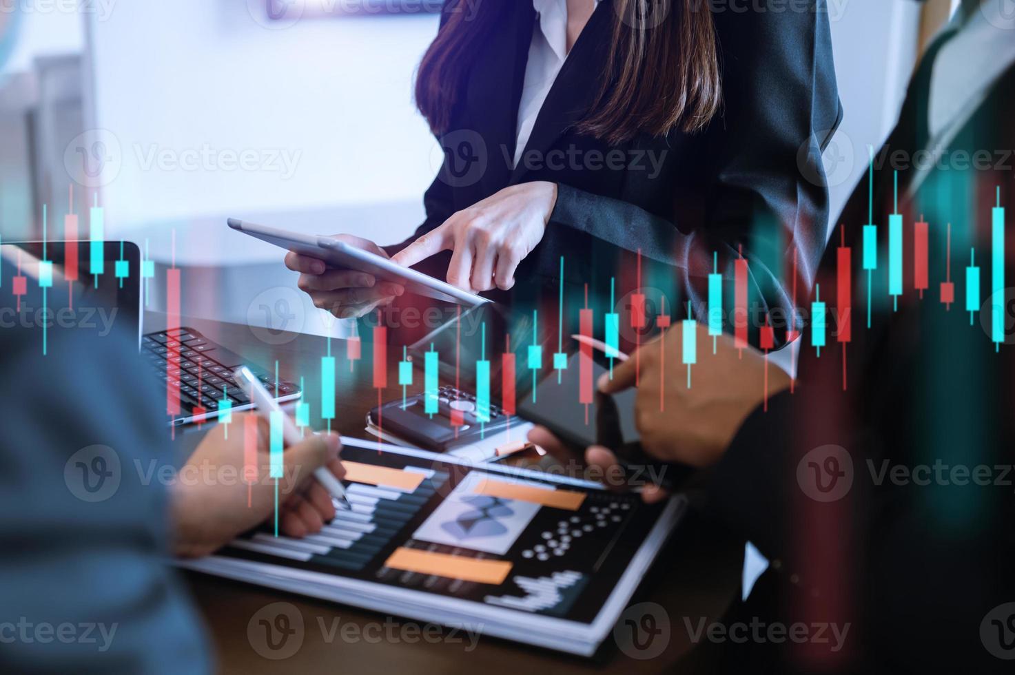 Two stock traiders making analysis of digital market and investment in block chain crypto currency. Stock trade concept photo