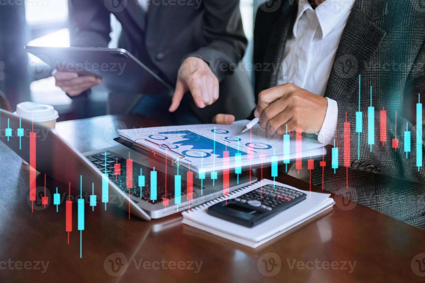 Two stock traiders making analysis of digital market and investment in block chain crypto currency. Stock trade concept photo