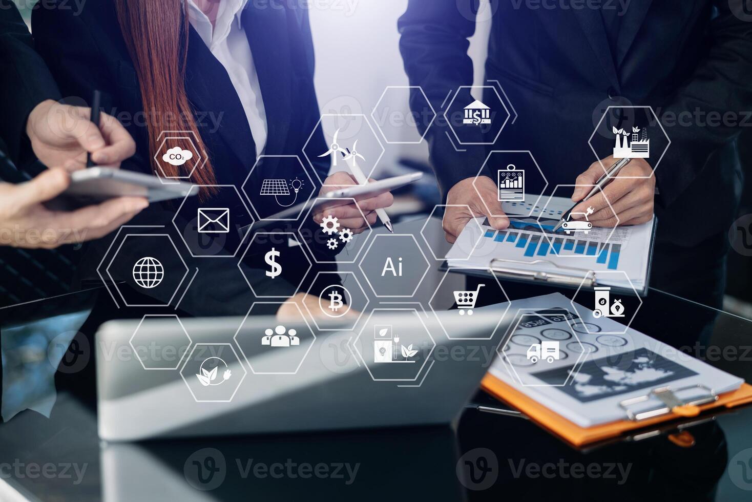 Business team working virtual modern smartphone to reduce CO2 emissions carbon footprint climate change to limit global warming.Sustainable development and green business concept. at office photo