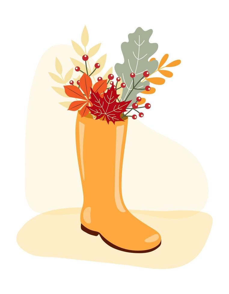 Clipart illustration of rain rubber boot with Autumn leaves and berries inside. Elements isolated on a white background. Design for Autumn, Harvest, Thanksgiving celebration, greeting card, scrapbook. vector