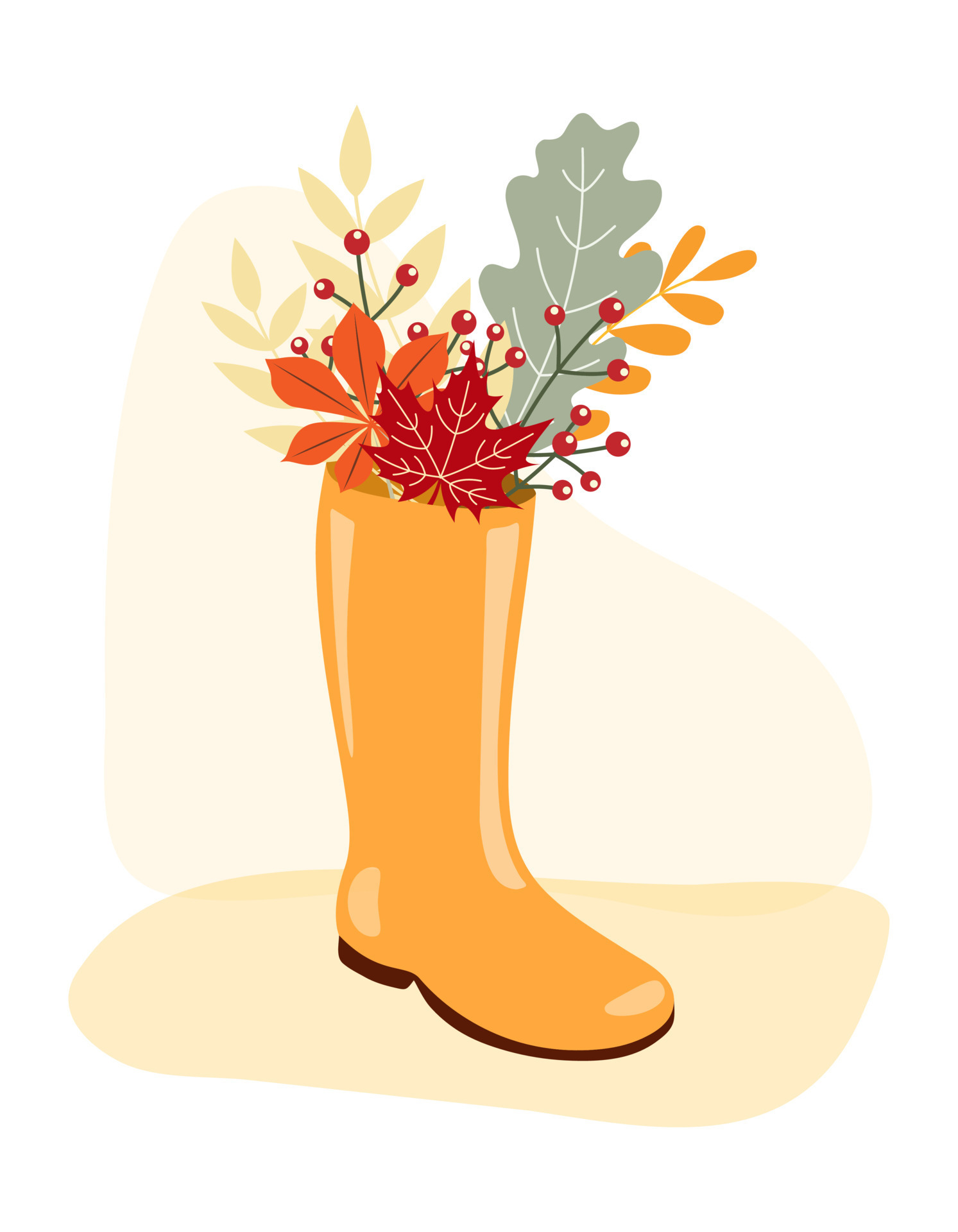 Clipart illustration of rain rubber boot with Autumn leaves and berries