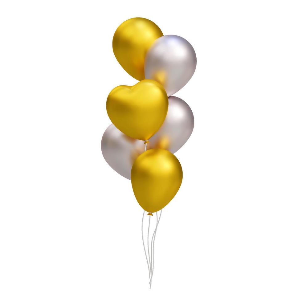 Bunch of realistic 3D golden and silver balloons, heart shape. Vector illustration decoration for card, party, design, flyer, poster, banner, web, advertising