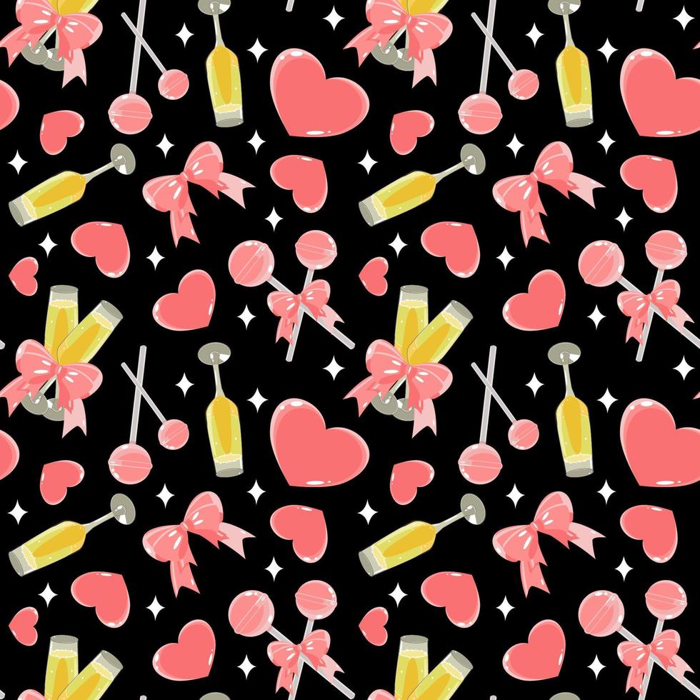 Seamless holiday pattern with valentines decorations, lollipops, champagne, and hearts in flat technique vector