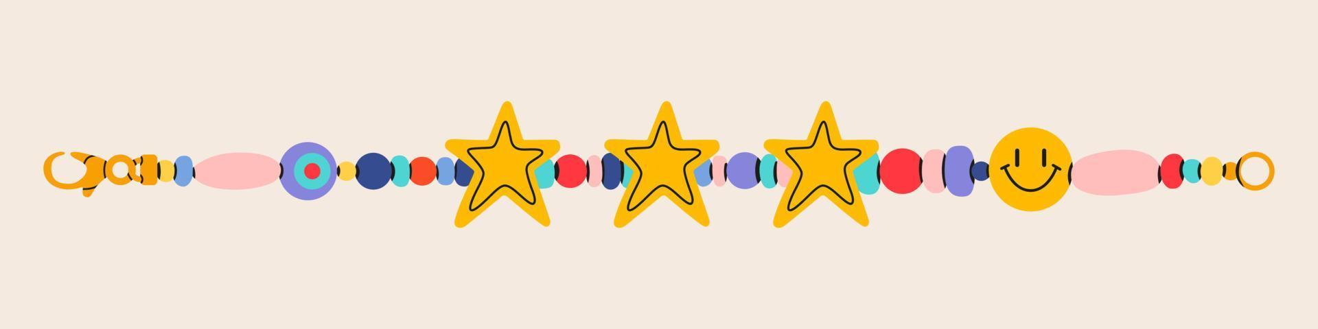 Cute beads bracelet. Retro colorful funky bracelet with stars and smile. Cartoon 00s style. Hand made, diy concept. Hand drawn Vector illustration